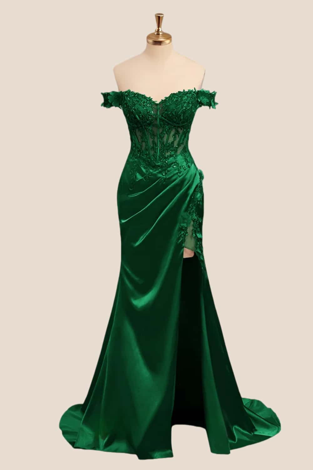Lace Off the Shoulder Green Satin Mermaid Dress