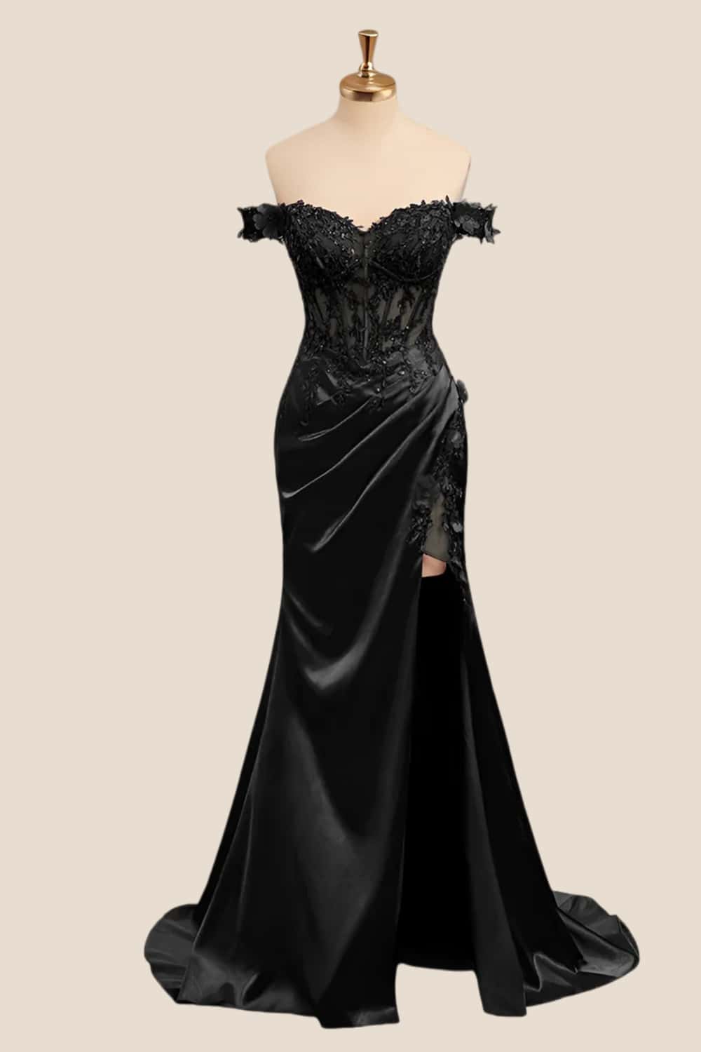Lace Off the Shoulder Black Satin Mermaid Dress