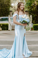 Off the Shoulder Light Blue Satin Mermaid Prom Dress