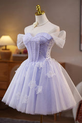 Off the Shoulder Lavender 3D Floral A-line Short Dress