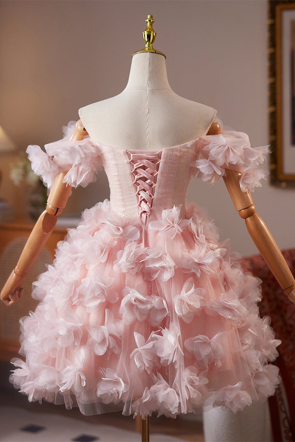 Off the Shoulder Pink Floral Short Dress with Beaded
