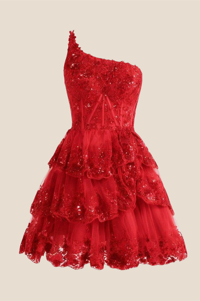 One Shoulder Red Sequin Tiered Short Dress
