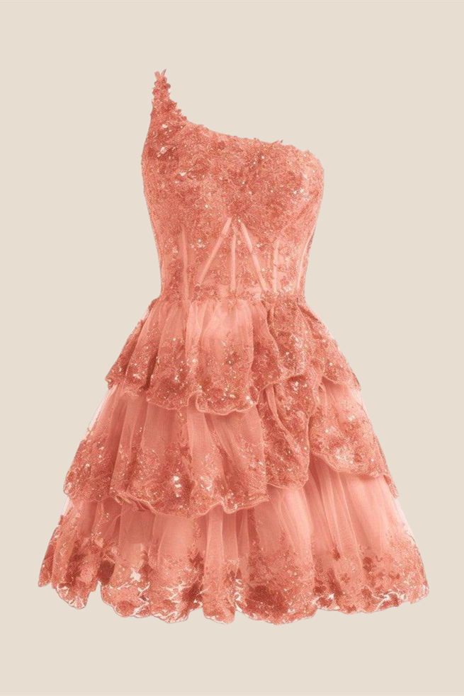 One Shoulder Hot Pink Sequin Tiered Short Dress