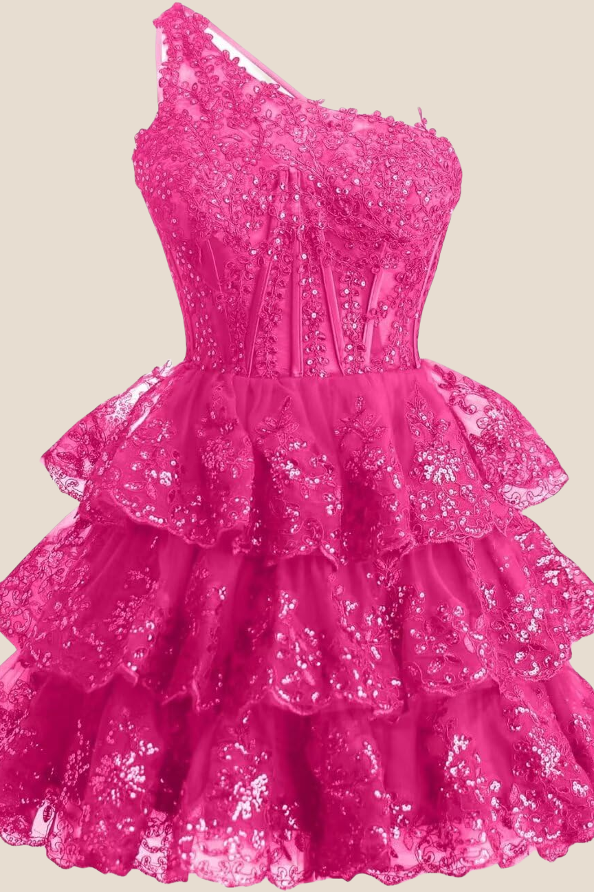 One Shoulder Red Sequin Tiered Short Dress