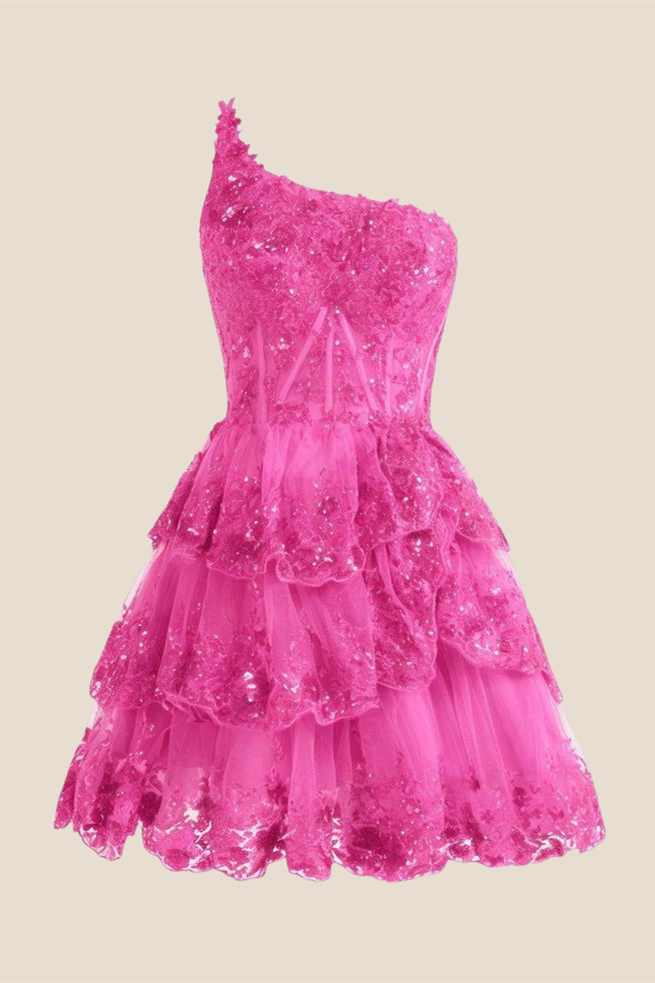 One Shoulder Hot Pink Sequin Tiered Short Dress