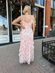 Reba Pink Floral Asymmetrical Ruffle Tiered Maxi Dress