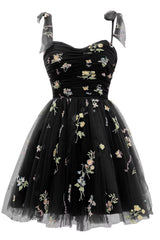 Black A-line Floral Short Princess Dress