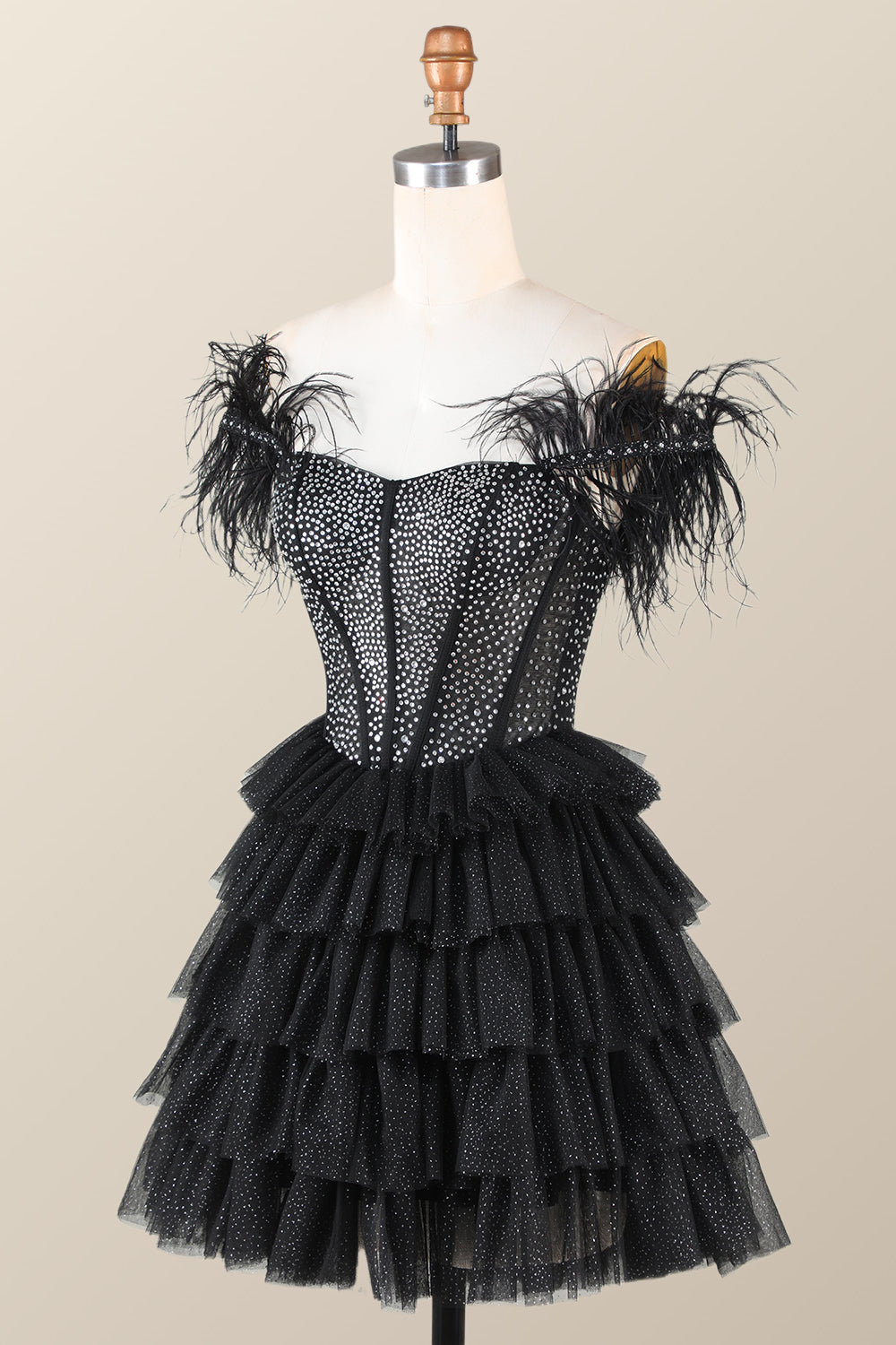 Feather Off the Shoulder Beaded Black Tiered Short Dress