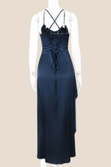 Navy Blue Straps Satin Ruched Long Dress with Slit