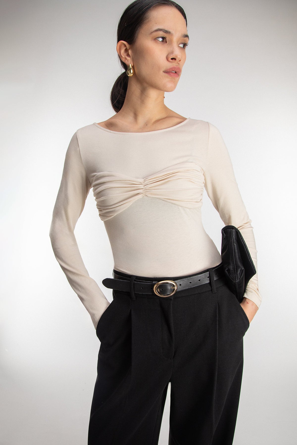 KNIT LONG SLEEVE TOP WITH RUCHED BRALETTE