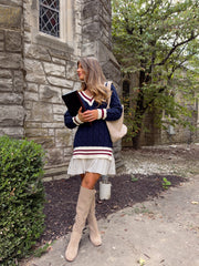 Kensington Mixed Media Mini Dress - Navy / Burgundy