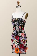 Black Floral Embroidery Tight Mini Dress with Straps