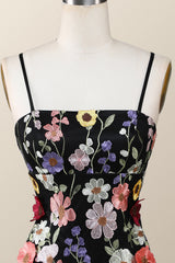 Black Floral Embroidery Tight Mini Dress with Straps