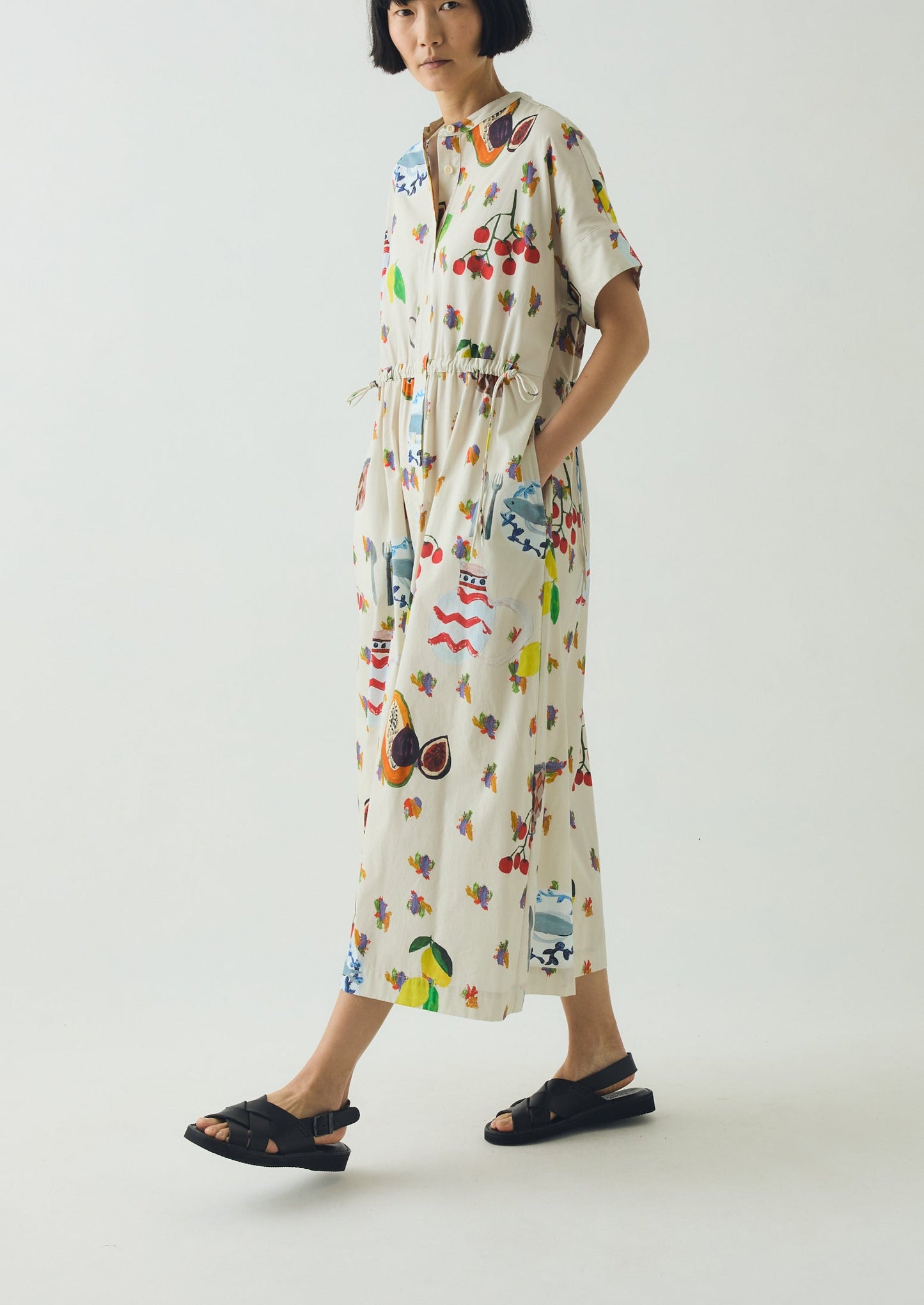 Table Setting Print Cotton Dress | Ecru Multi