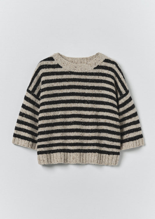 Stripe Donegal Short Sleeve Sweater | Soft Black/Oatmeal