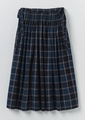 Market Check Pleated Cotton Linen Skirt | Denim Blue
