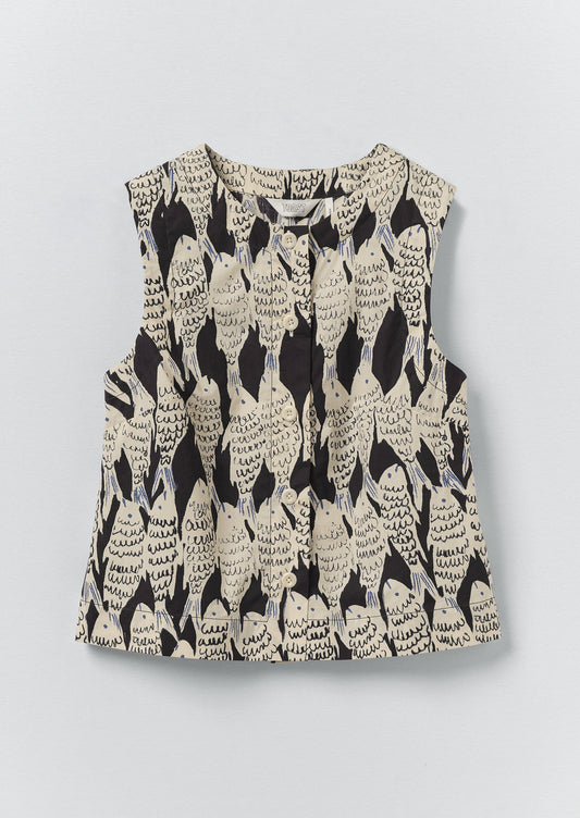 Market Fish Print Cotton Poplin Top | Slate