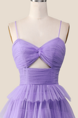 Knotted Purple Tulle Tiered Long Party Dress