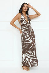 Caribbean Love Satin Halter Maxi Dress Brown