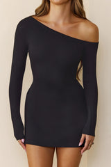 BASE Luxe Rib Off Shoulder Long Sleeve Mini Dress Black