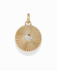The Astra Fluted Charm by Mod + Jo features a radiating grooved design in 14k gold plating, accented with a bezel-set crystal at the center. This simple yet elegant charm comes with a small top loop for easy attachment to your favorite necklace, and is photographed on a clean white background.