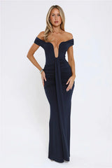 Chic Serenity Off Shoulder Maxi Dress Navy