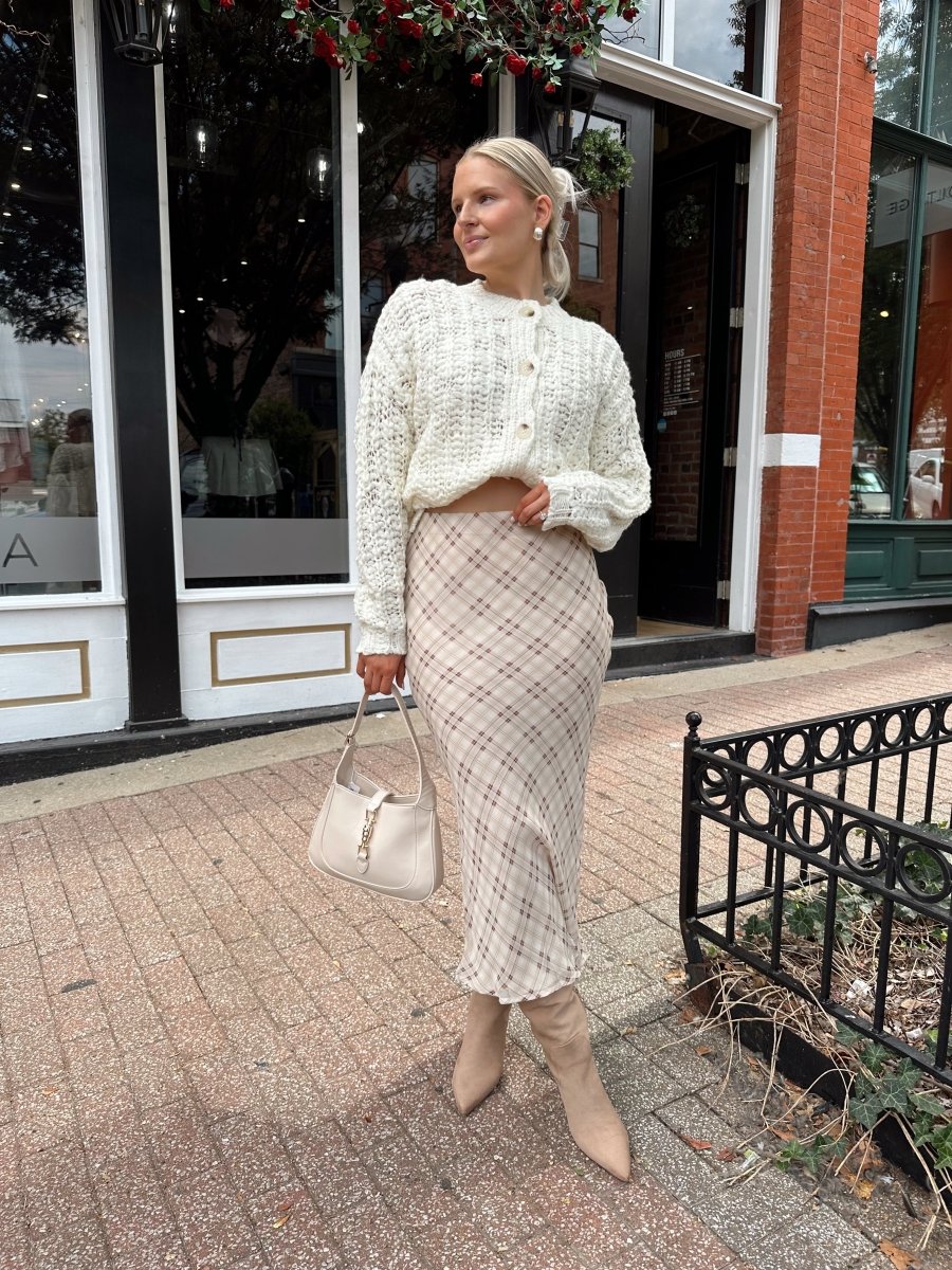 Charlene Beige Plaid Midi Skirt
