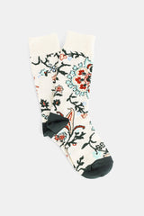 Sacai chaussettes coton imprimé floral jacobéen écru avec talon et pointe vert forêt