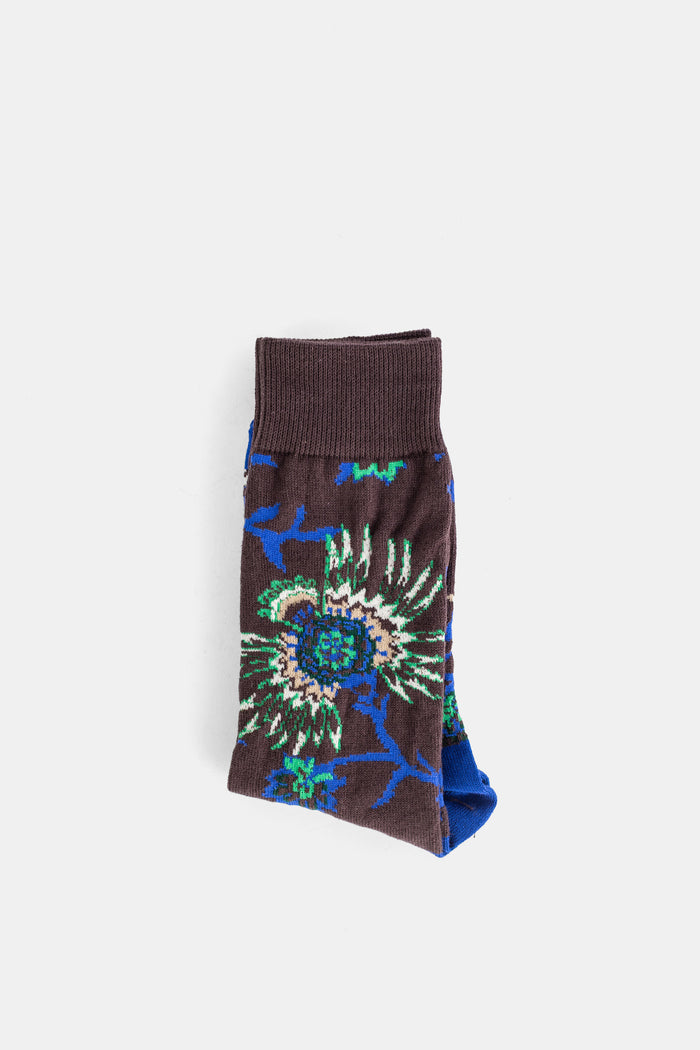 Sacai chaussettes florales pliées ribbed cuff marron côtes élastique pointe bleue détail texture coton femme