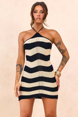 Coastal Waves Crochet Mini Dress - Black Beige