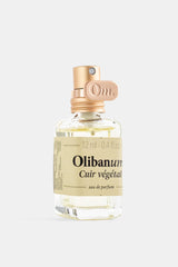 Olibanum Cuir Végétal parfum femme flacon transparent étiquette beige bouchon rosé 12 ml eau de parfum