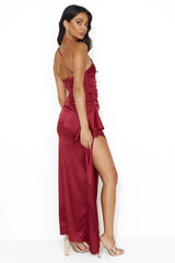 Extra Special One Shoulder Satin Maxi Dress Wine