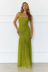 Evelyn Luxe Mesh Halter Maxi Dress Olive