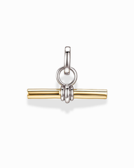 The Elliot Toggle Charm by Mod + Jo is a gold-plated bar pendant displayed on a white background, accented with a silver ring and bail. Three silver loops hold the bar at the center, highlighting its modern and minimalist jewelry design.