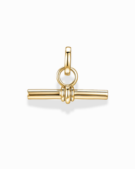 The Elliot Toggle Charm by Mod + Jo features a horizontal 14k gold bar suspended by three rings at the center, connected to a circular bail—all showcased against a white background for an elegant, architectural effect.