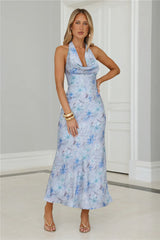 Dreamy Bloom Halter Cowl Maxi Dress Blue