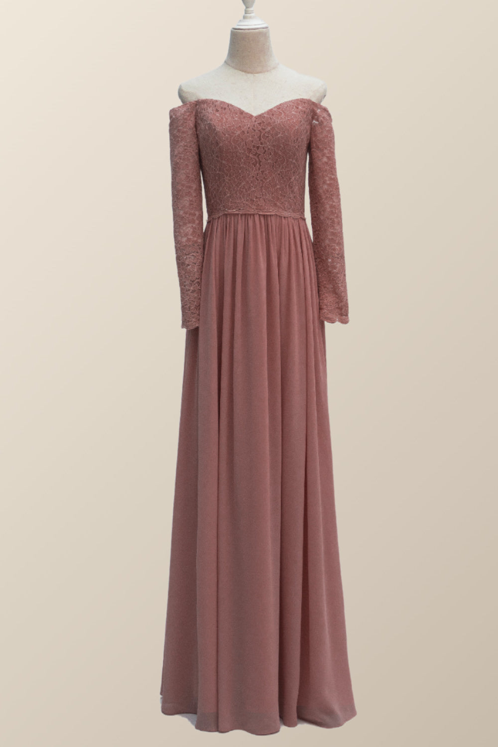Dusty Rose Lace Long Sleeves Long Bridesmaid Dress