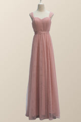 Empire Blush Pink Tulle A-line Long Bridesmaid Dress