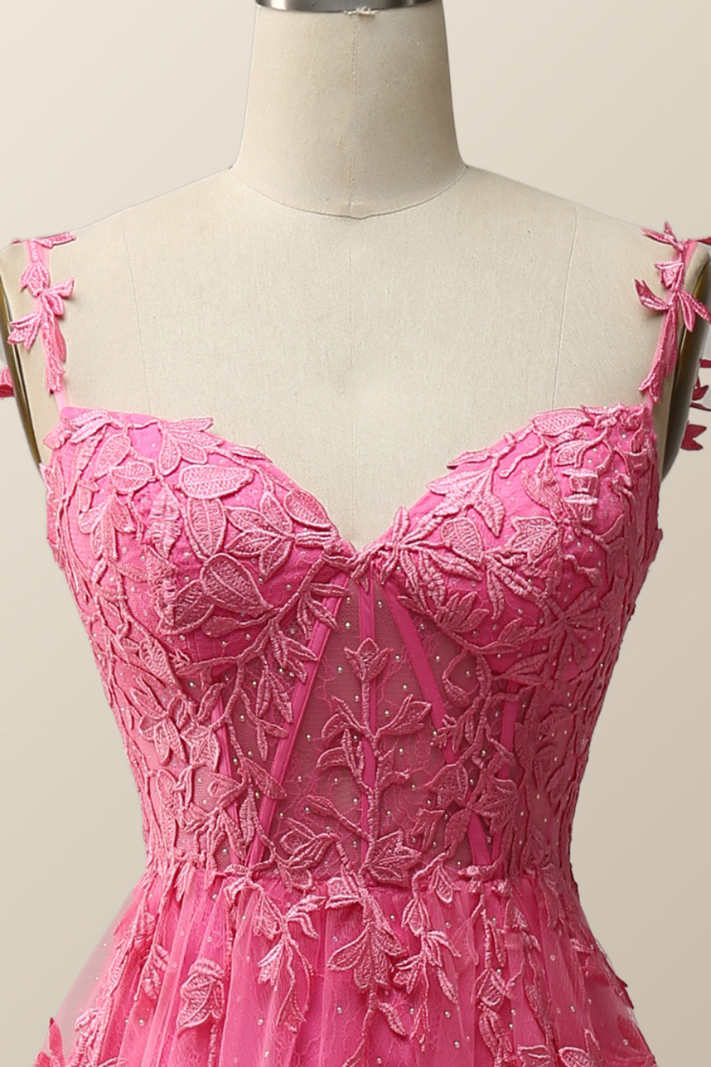 Hot Pink Lace Appliques A-line Long Formal Gown