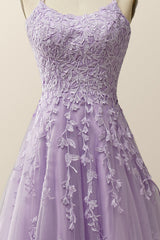 Lavender Lace Appliques A-line Long Formal Dress