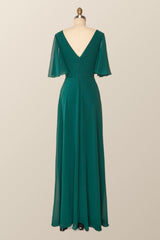 Flare Sleeves Green Chiffon Long Bridesmaid Dress