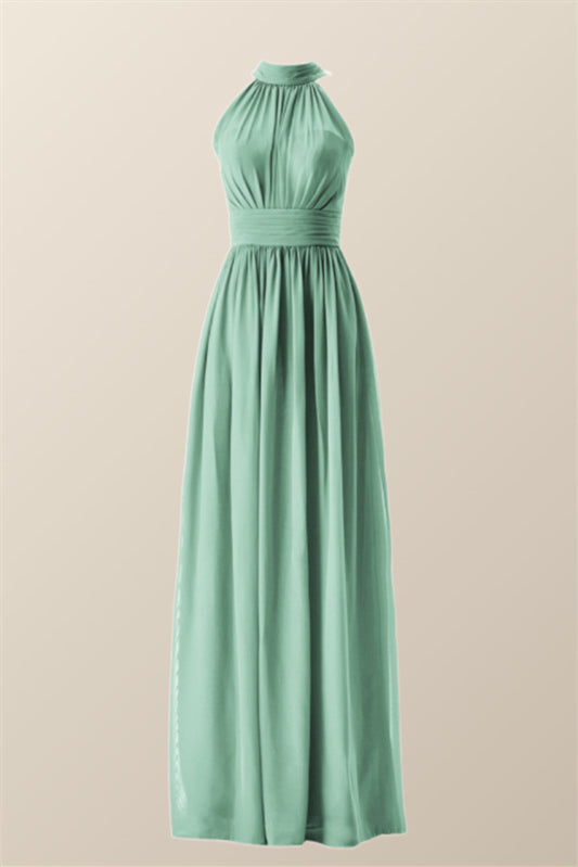 High Neck Mint Green Chiffon A-line Bridesmaid Dress