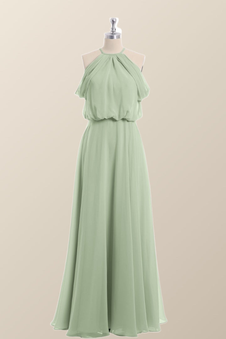 Cold Sleeve Sage Green Blouson Chiffon Long Bridesmaid Dress