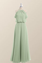 Cold Sleeve Sage Green Blouson Chiffon Long Bridesmaid Dress