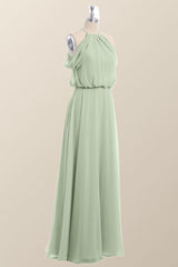 Cold Sleeve Sage Green Blouson Chiffon Long Bridesmaid Dress