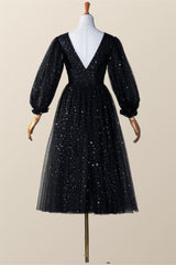 Long Sleeves Black Starry Tulle Midi Dress