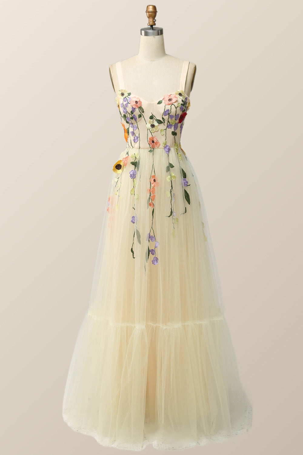 Champagne Tulle and Floral Embroidery Formal Gown