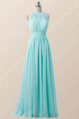 Halter Blue Chiffon Long Bridesmaid Dress