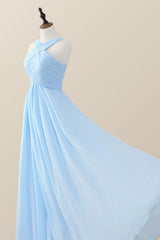 Cross Front Light Sky Blue Chiffon Long Bridesmaid Dress