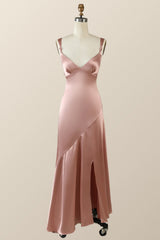 Blush Pink Silk Sheath Long Dress with Slit